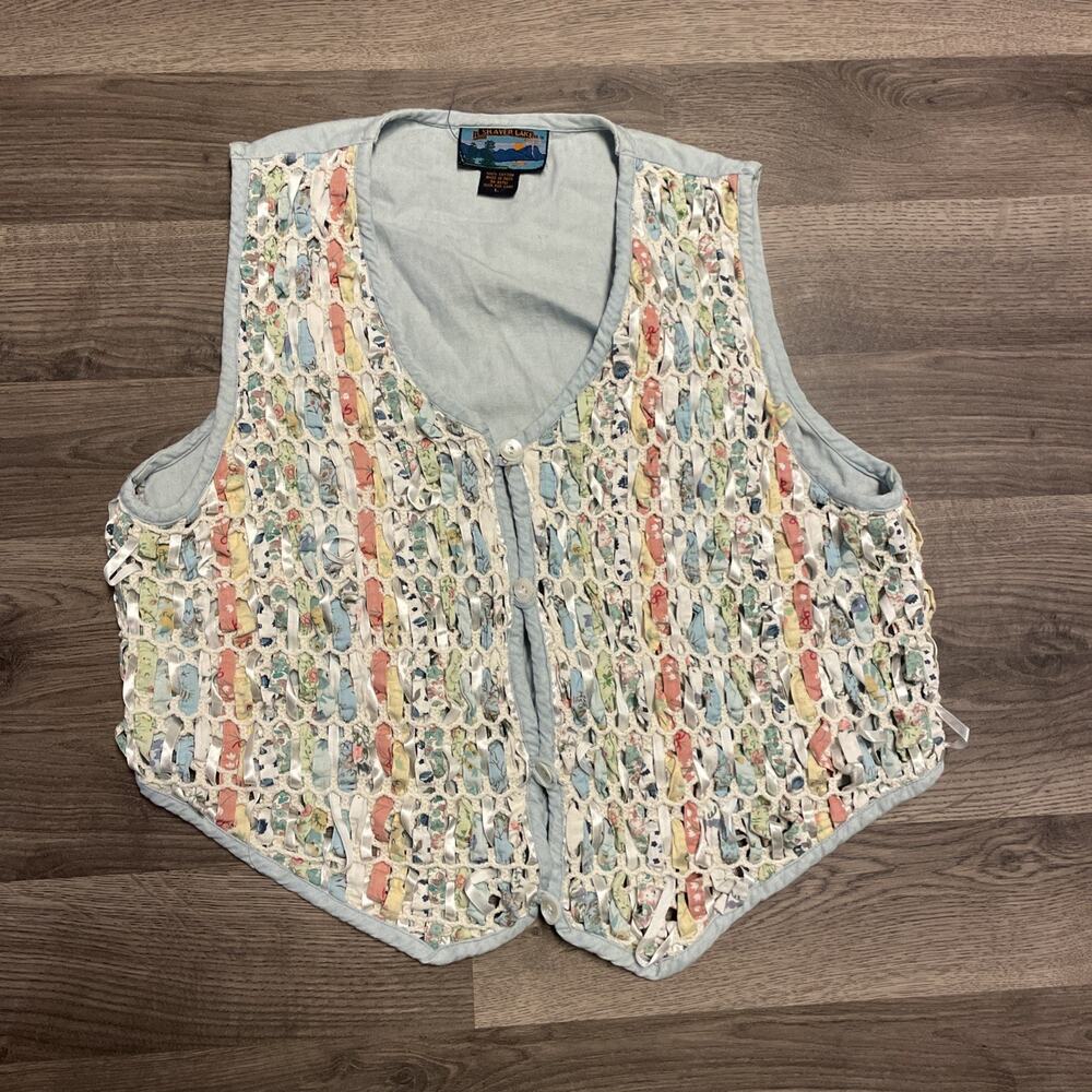 VTG Shaver Lake Ribbon Lattice Woven Vest L Cottagecore Whimsygoth Pastel Knit